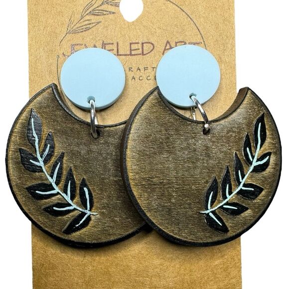 JEWELED ART Boho Dangle Leaf Blue Handmade Painted Wood Earrings - Picture 1 of 3